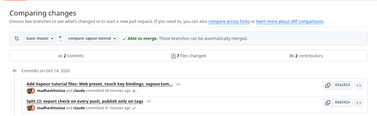 GitHub's compare view for the Godot fork: two commits and seven changed files between upstream master and the vapour-tutorial branch