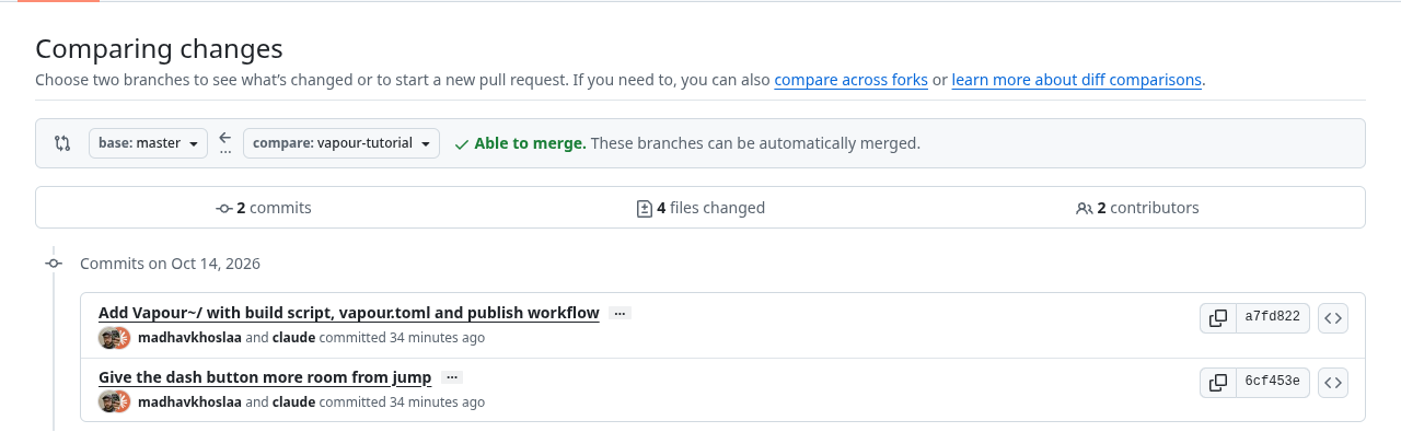 GitHub's compare view for the Unity fork: the vapour-tutorial branch adds files under the Vapour~ folder compared with upstream