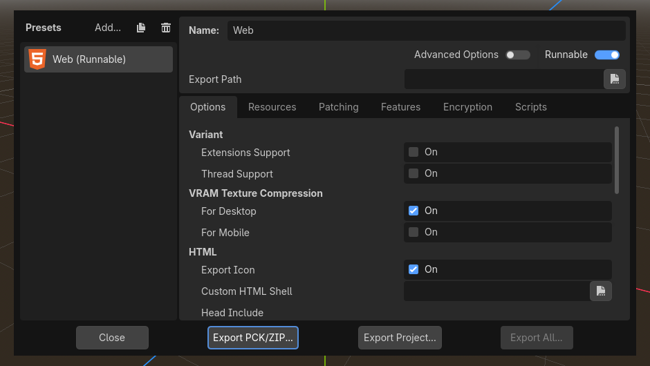The Godot export window with the Web preset selected, showing Extensions Support and Thread Support switched off and VRAM compression for desktop on