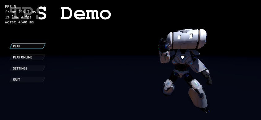 The Godot TPS demo menu in an emulated phone viewport with the overlay in the corner