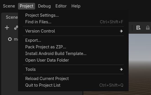 The Godot Project menu open, with Export highlighted among Project Settings, Version Control, Pack Project as ZIP and others