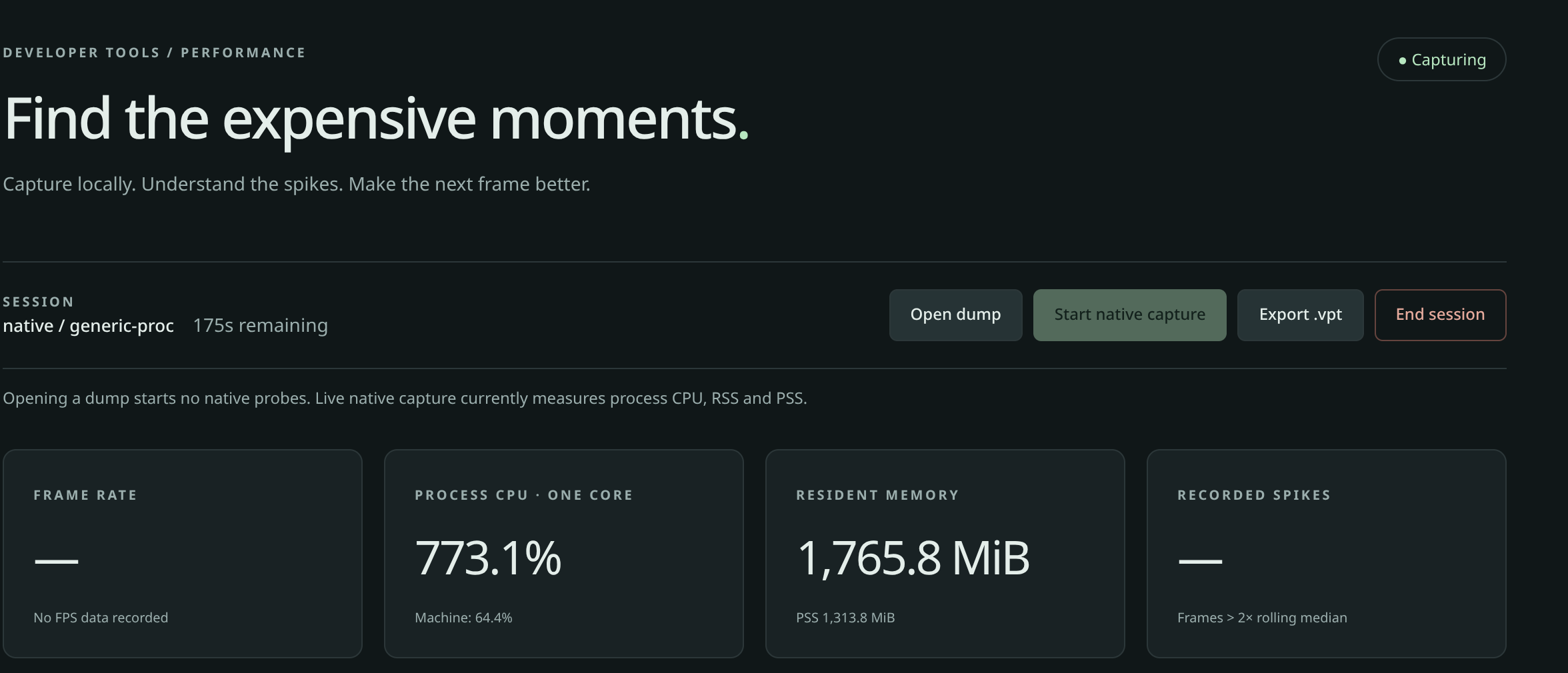 The top of the performance page during a live test: Capturing, process CPU 773 percent, resident memory 1,765.8 MiB