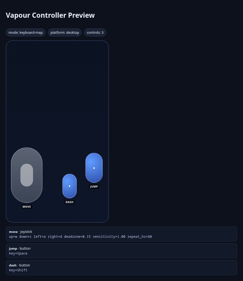 The controller layout preview: a MOVE stick on the left, and DASH and JUMP buttons on the right, with the key each one sends